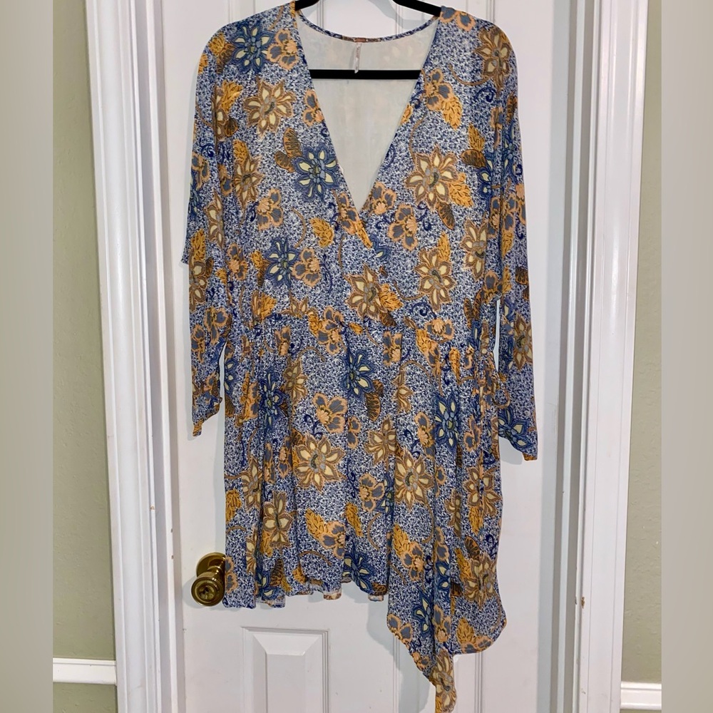 Free People Teegan Floral Long Sleeve Boho‎ Minidress in Sky Combo
